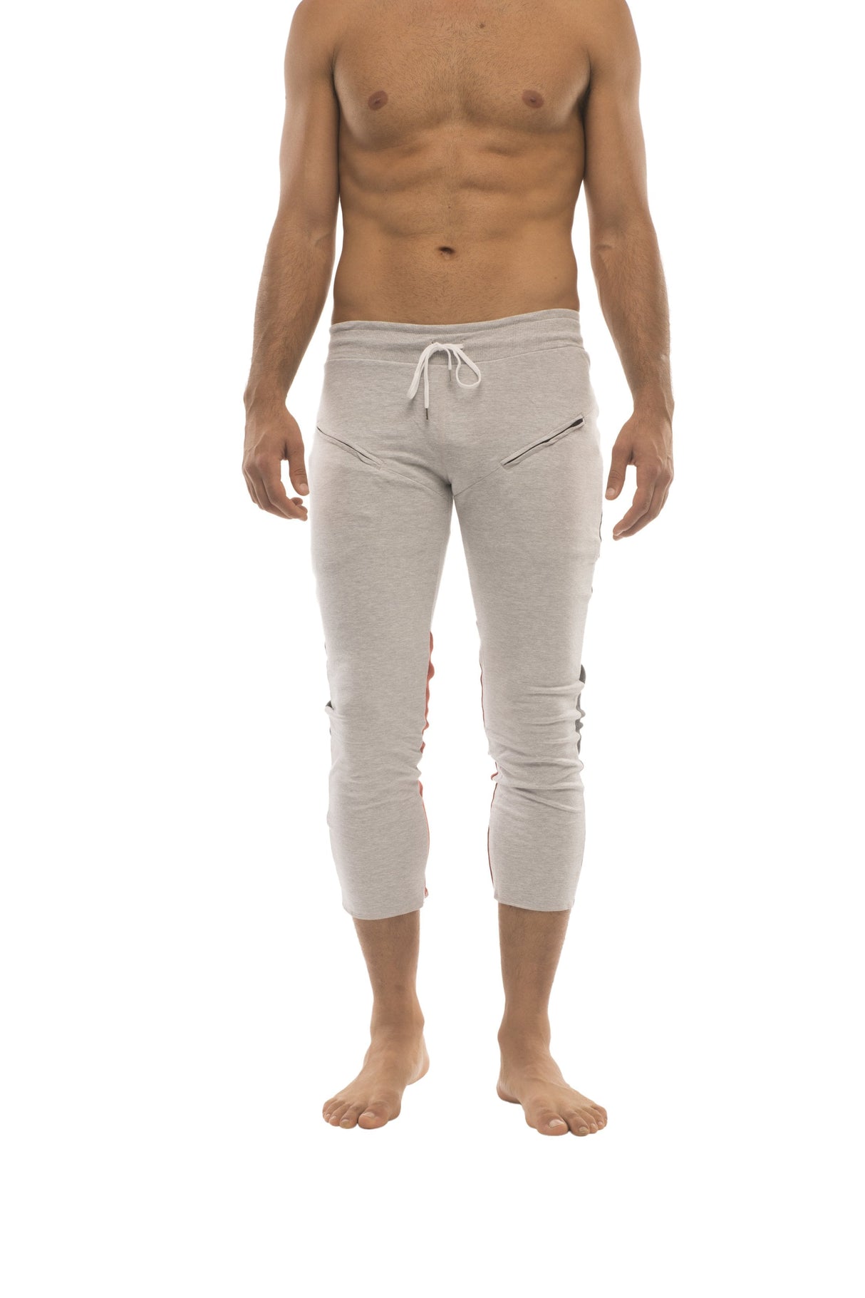 Mens 4/5 Zipper Pocket Capri Yoga Pants (GREY w/Charcoal & Red) from 4-rth