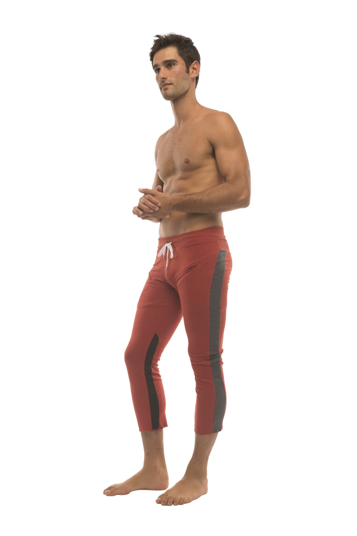 Mens 4/5 Zipper Pocket Capri Yoga Pants (RED w/Charcoal & Black) from 4-rth