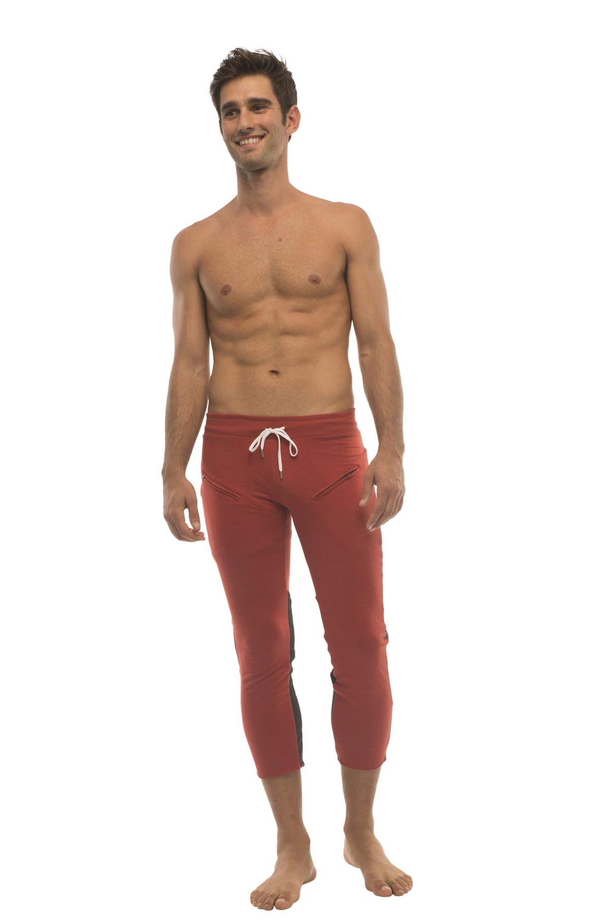 Mens 4/5 Zipper Pocket Capri Yoga Pants (RED w/Charcoal & Black) from 4-rth