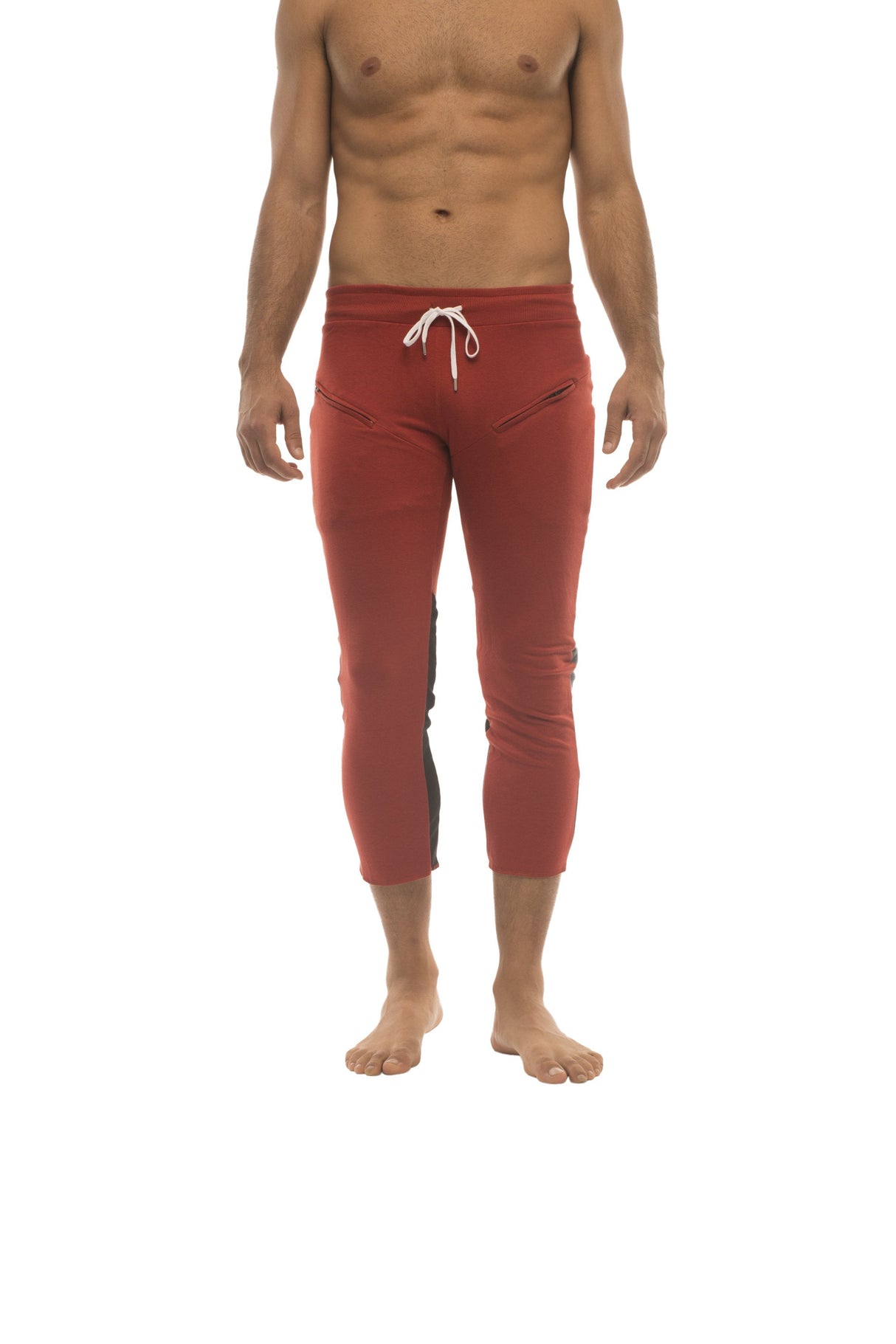 Mens 4/5 Zipper Pocket Capri Yoga Pants (RED w/Charcoal & Black) from 4-rth