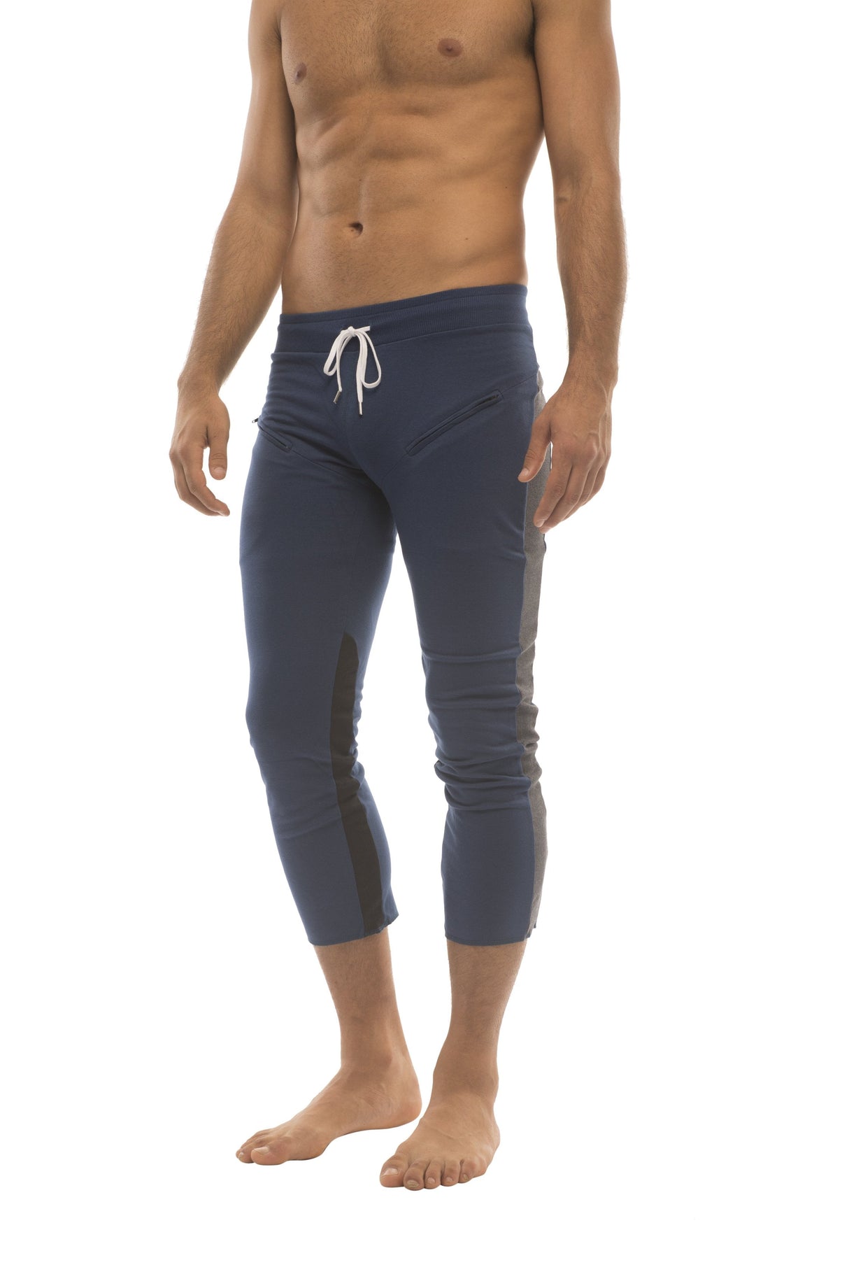 Mens 4/5 Zipper Pocket Capri Yoga Pants (Royal w/Charcoal & Black) from 4-rth