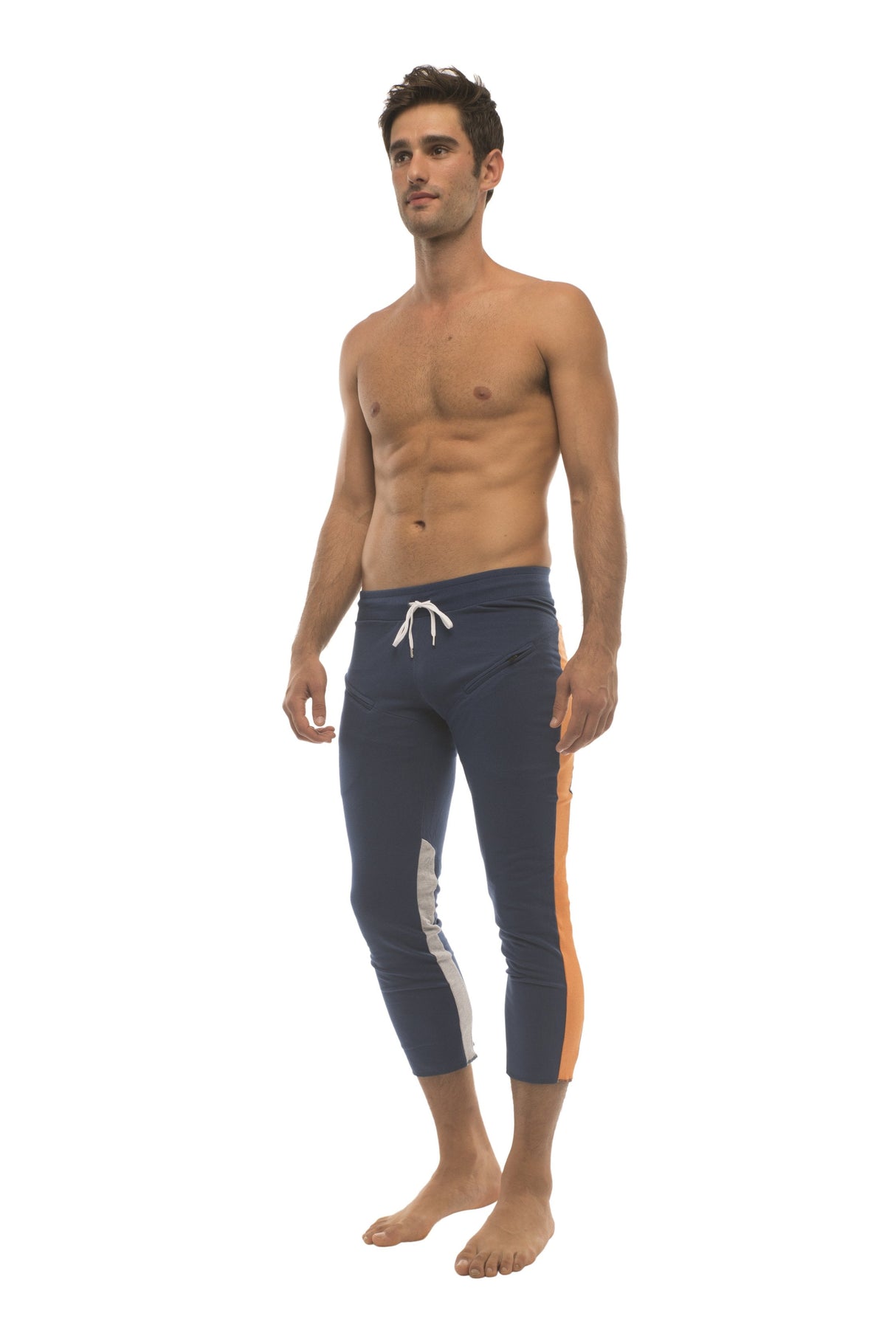 Mens 4/5 Zipper Pocket Capri Yoga Pants (Royal w/Orange & GREY) from 4-rth