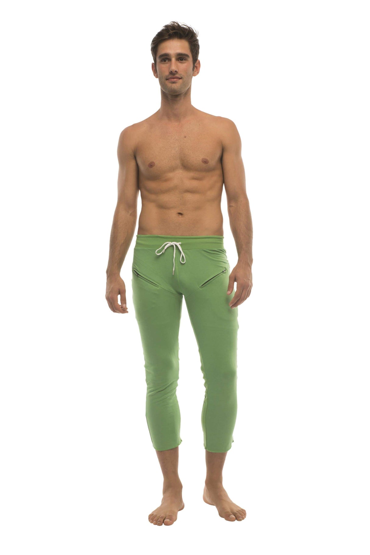 Mens 4/5 Zipper Pocket Capri Yoga Pants (Solid Bamboo Green) from 4-rth
