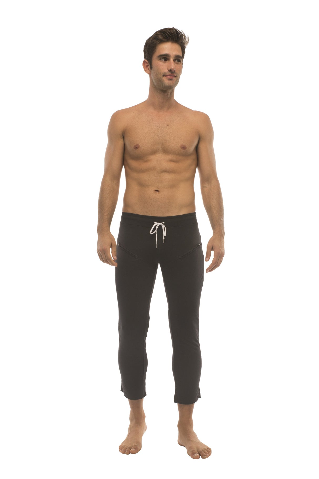 Mens 4/5 Zipper Pocket Capri Yoga Pants (Solid Black) from 4-rth