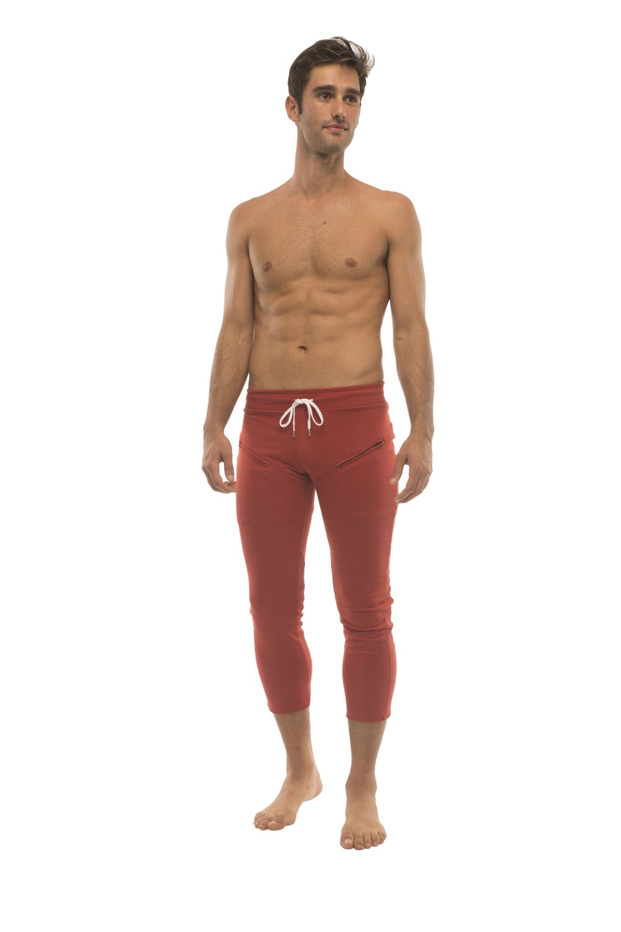 Mens 4/5 Zipper Pocket Capri Yoga Pants (Solid Cinnabar Red) from 4-rth