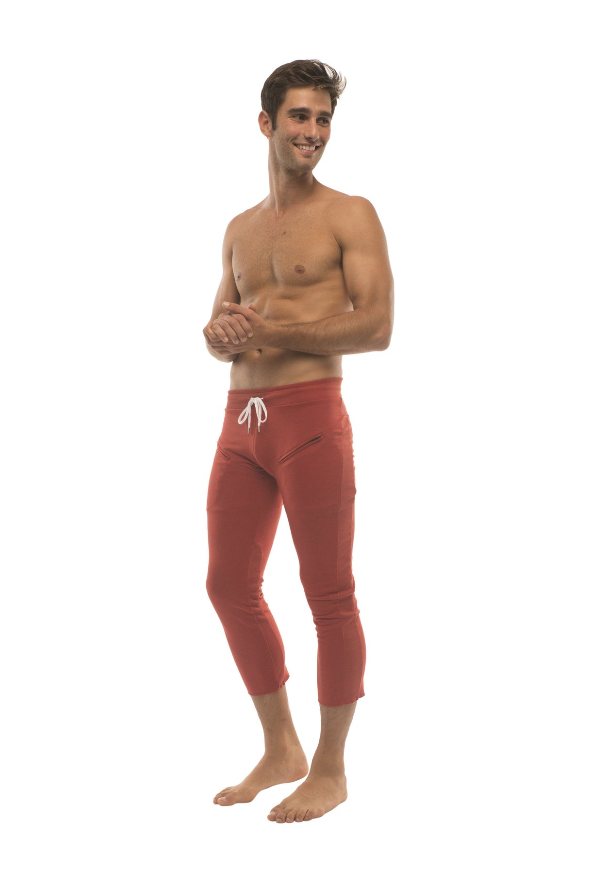 Mens 4/5 Zipper Pocket Capri Yoga Pants (Solid Cinnabar Red) from 4-rth
