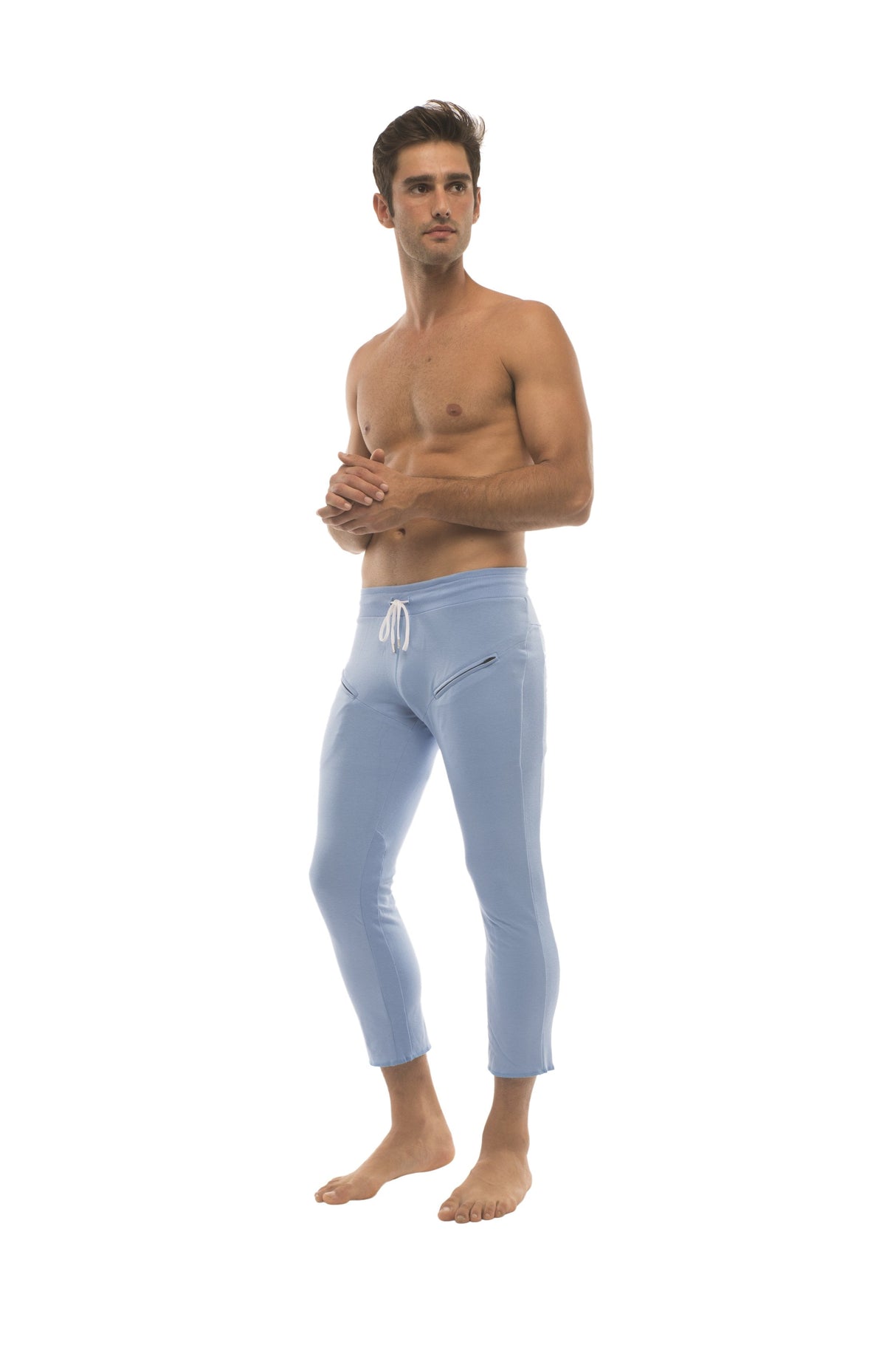 Mens 4/5 Zipper Pocket Capri Yoga Pants (Solid ICE Blue) from 4-rth