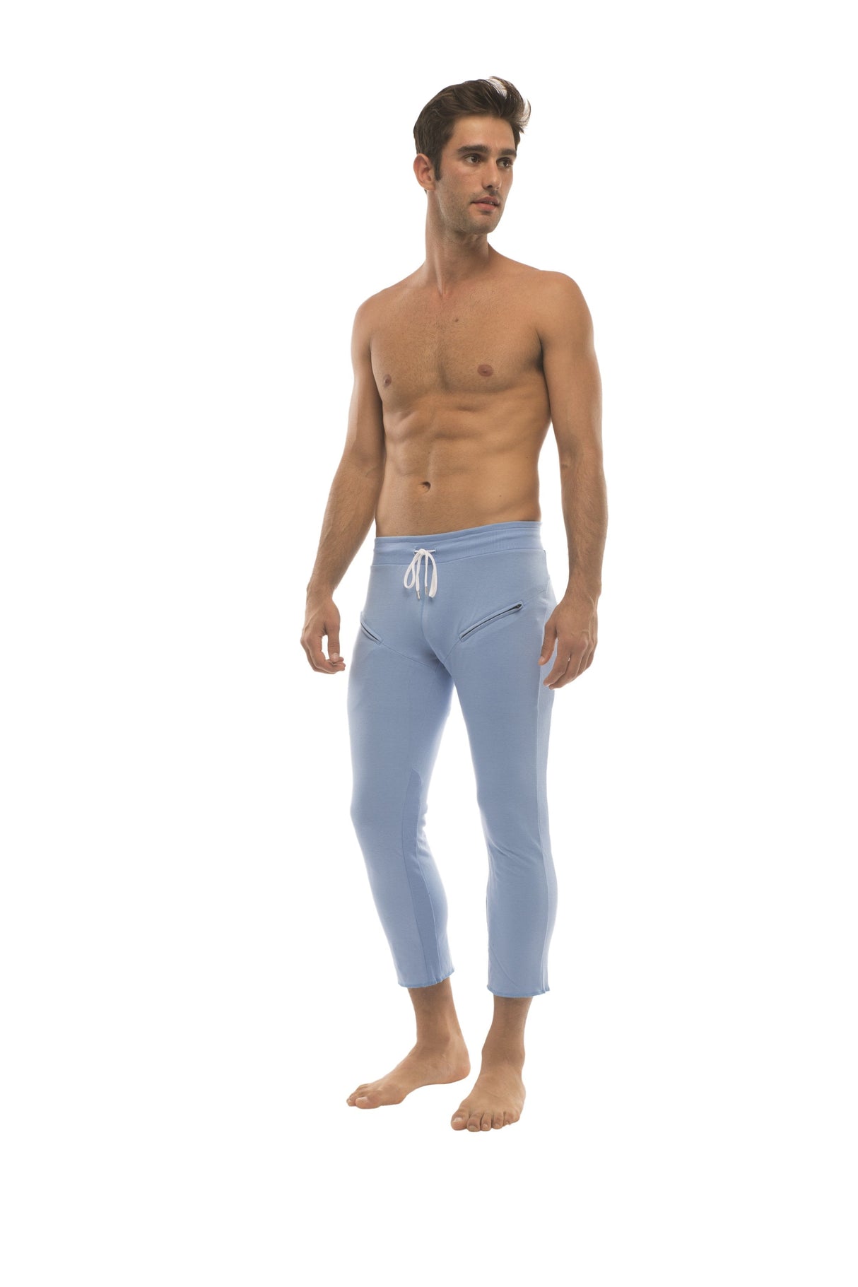 Mens 4/5 Zipper Pocket Capri Yoga Pants (Solid ICE Blue) from 4-rth