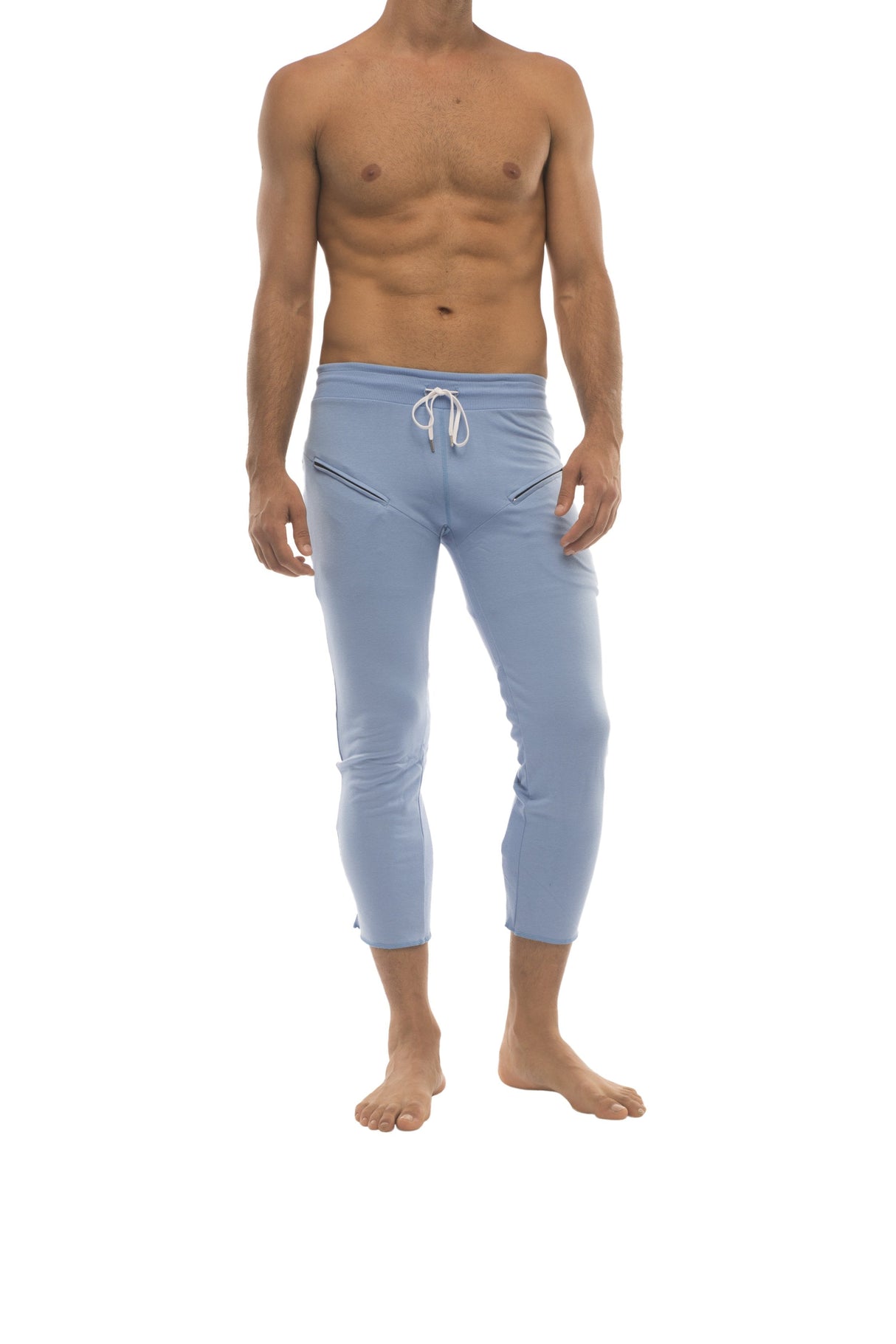 Mens 4/5 Zipper Pocket Capri Yoga Pants (Solid ICE Blue) from 4-rth