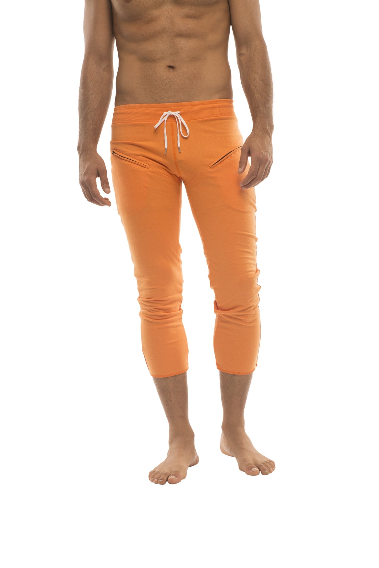 Mens 4/5 Zipper Pocket Capri Yoga Pants (Solid Orange) from 4-rth