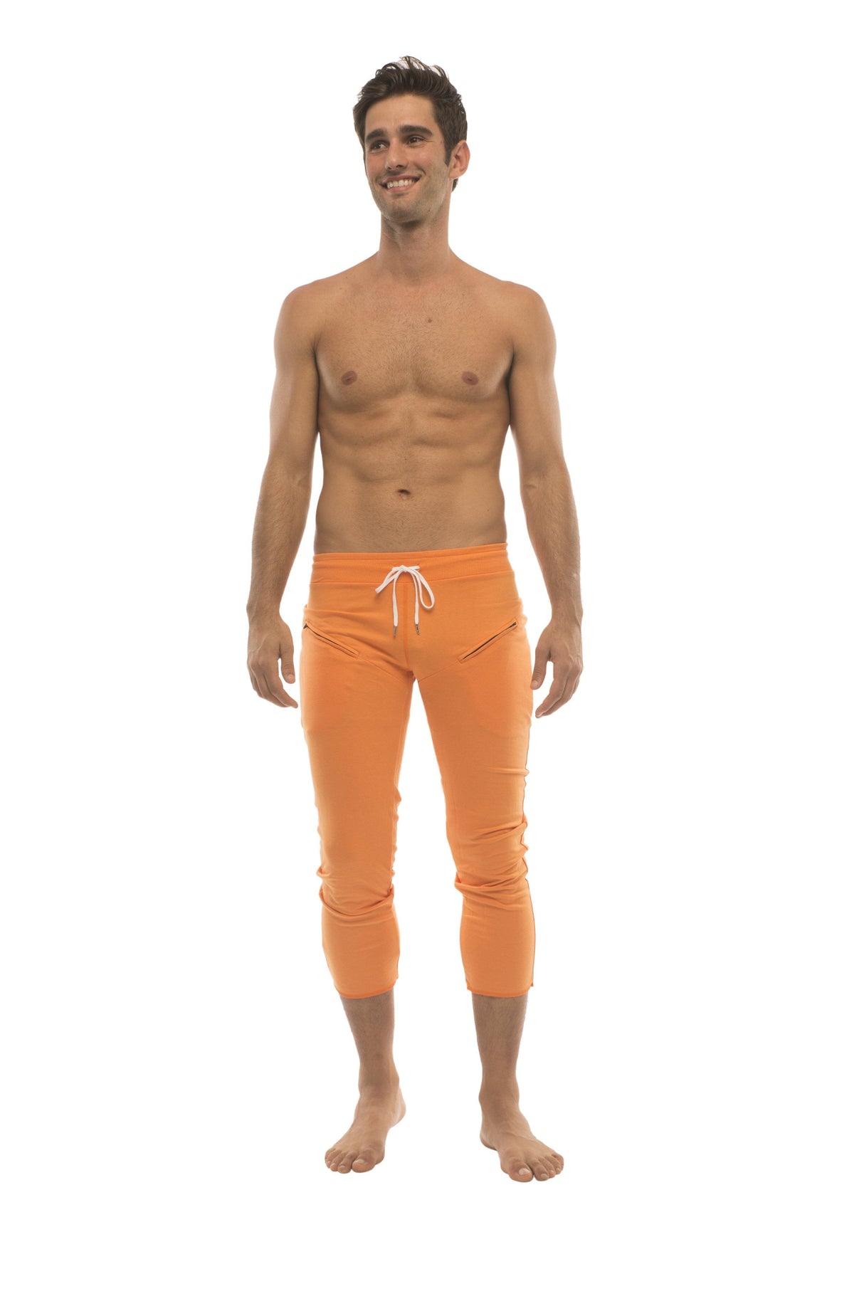 Mens 4/5 Zipper Pocket Capri Yoga Pants (Solid Orange) from 4-rth