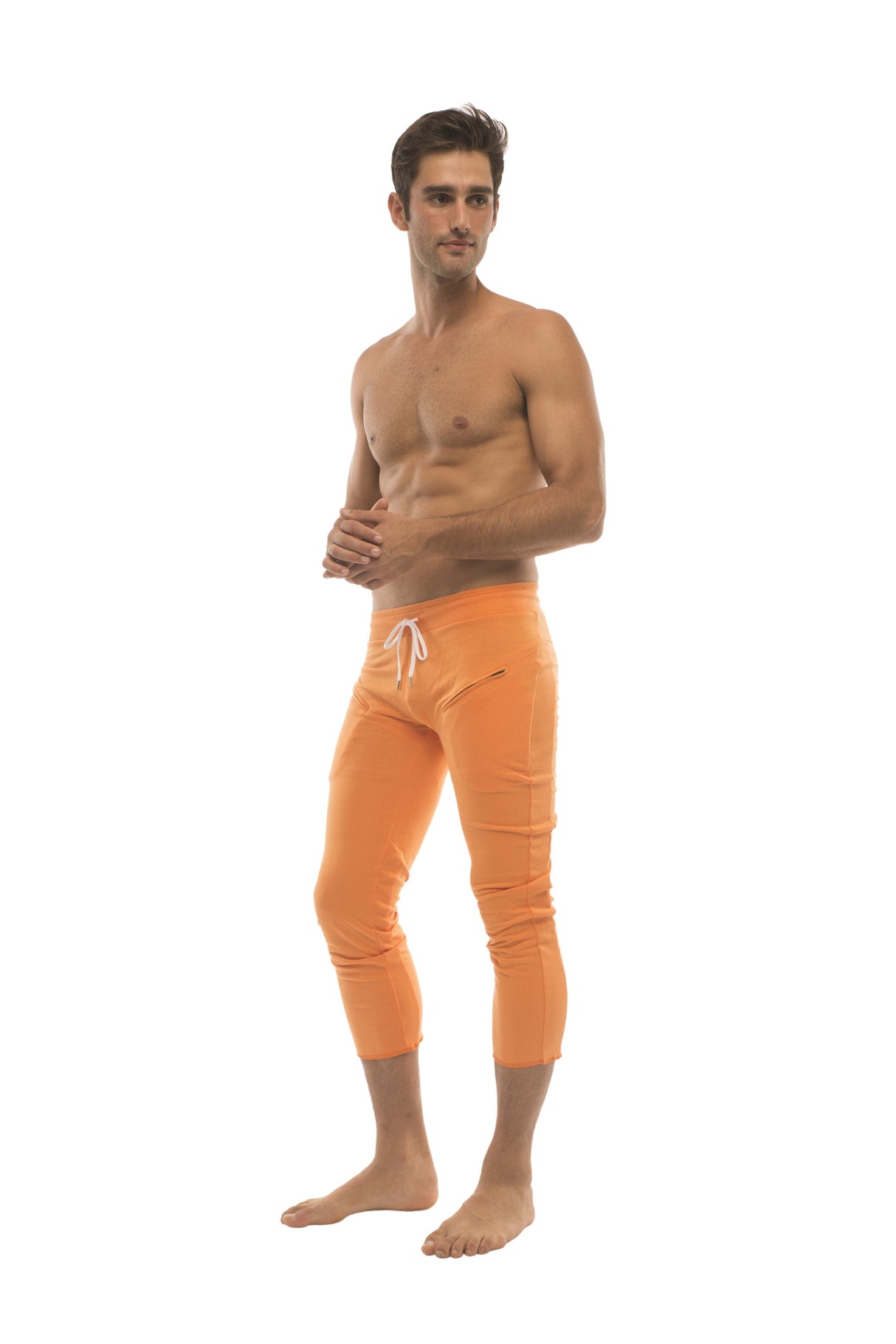 Mens 4/5 Zipper Pocket Capri Yoga Pants (Solid Orange) from 4-rth