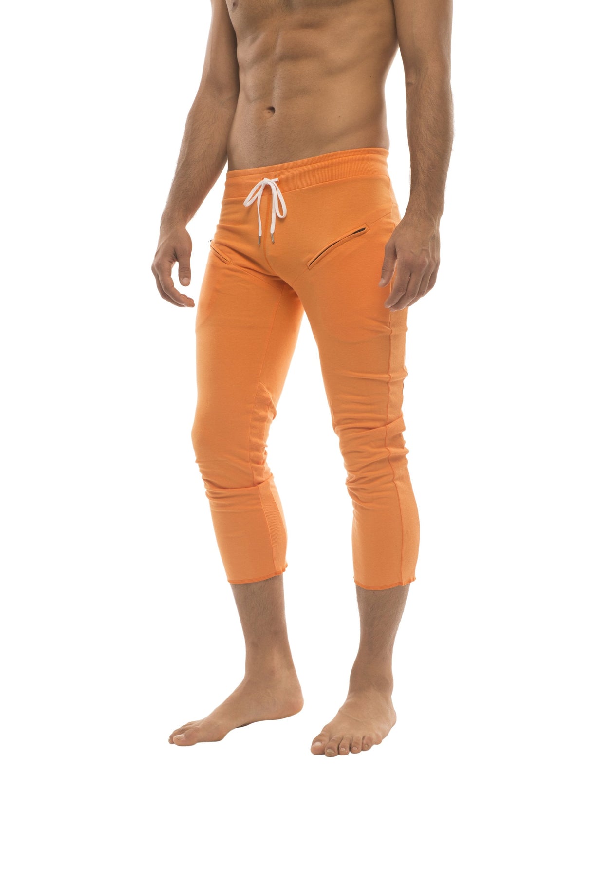 Mens 4/5 Zipper Pocket Capri Yoga Pants (Solid Orange) from 4-rth