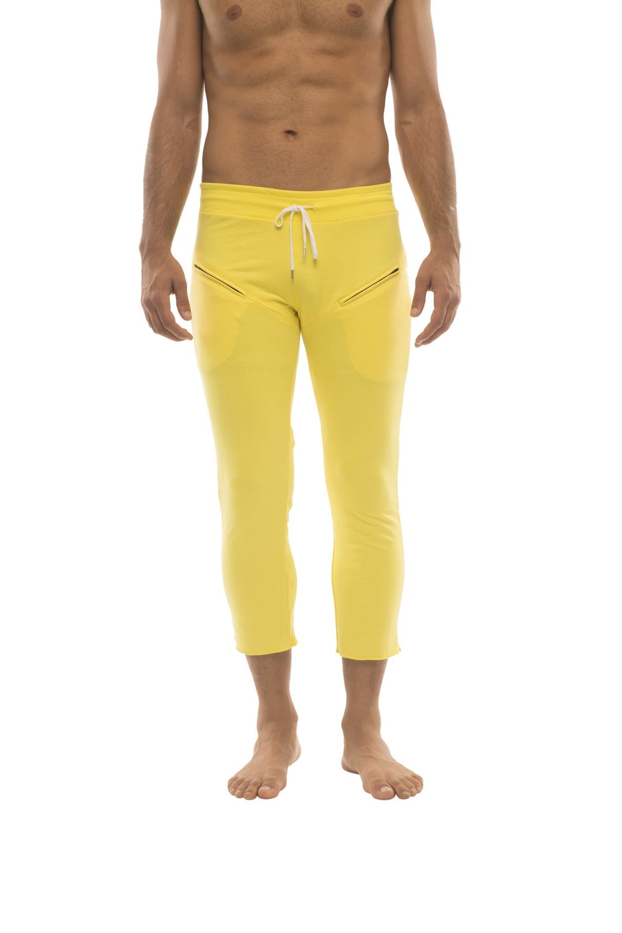 Mens 4/5 Zipper Pocket Capri Yoga Pants (Solid Yellow) from 4-rth