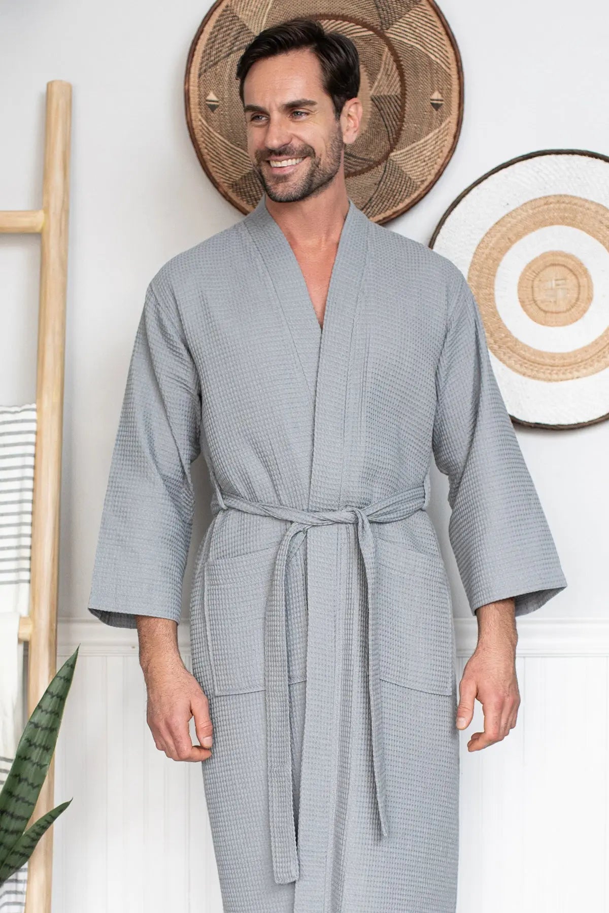 Waffle Kimono Spa Bathrobe for Men -  Absorbent, Lightweight From Lotus Linen