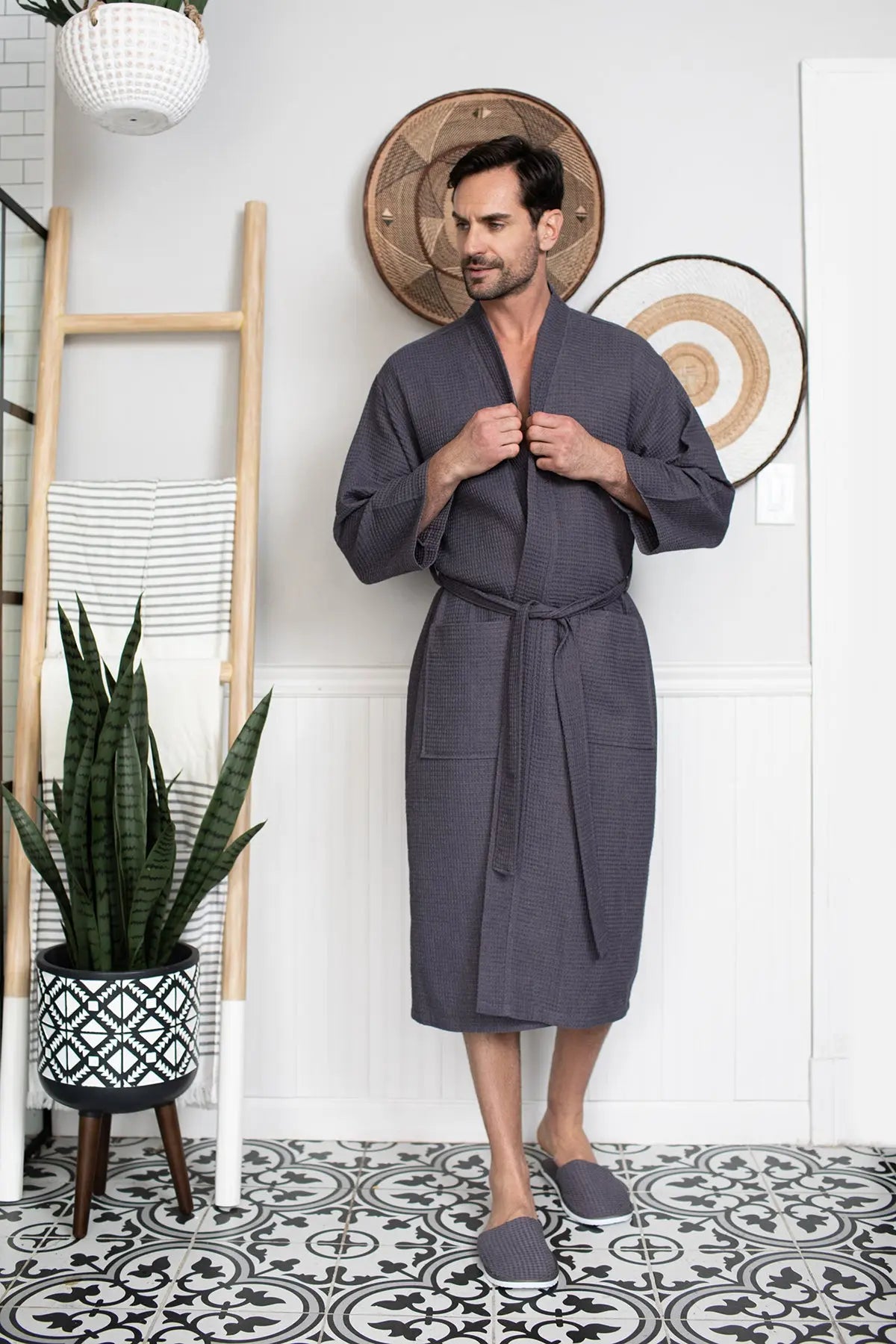 Waffle Kimono Spa Bathrobe for Men -  Absorbent, Lightweight From Lotus Linen