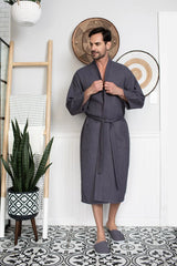 Waffle Kimono Spa Bathrobe for Men -  Absorbent, Lightweight From Lotus Linen