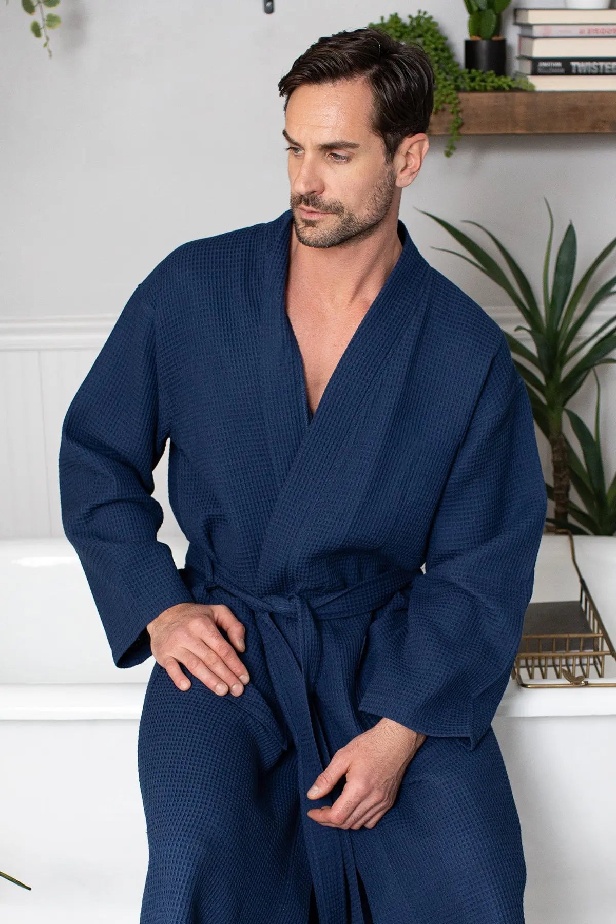 Waffle Kimono Spa Bathrobe for Men -  Absorbent, Lightweight From Lotus Linen