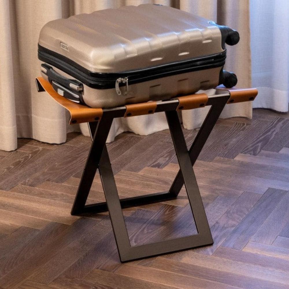 Ashley-Foldable Metal Luggage Rack with Genuine Leather from VITAHOME DESIGN LLC