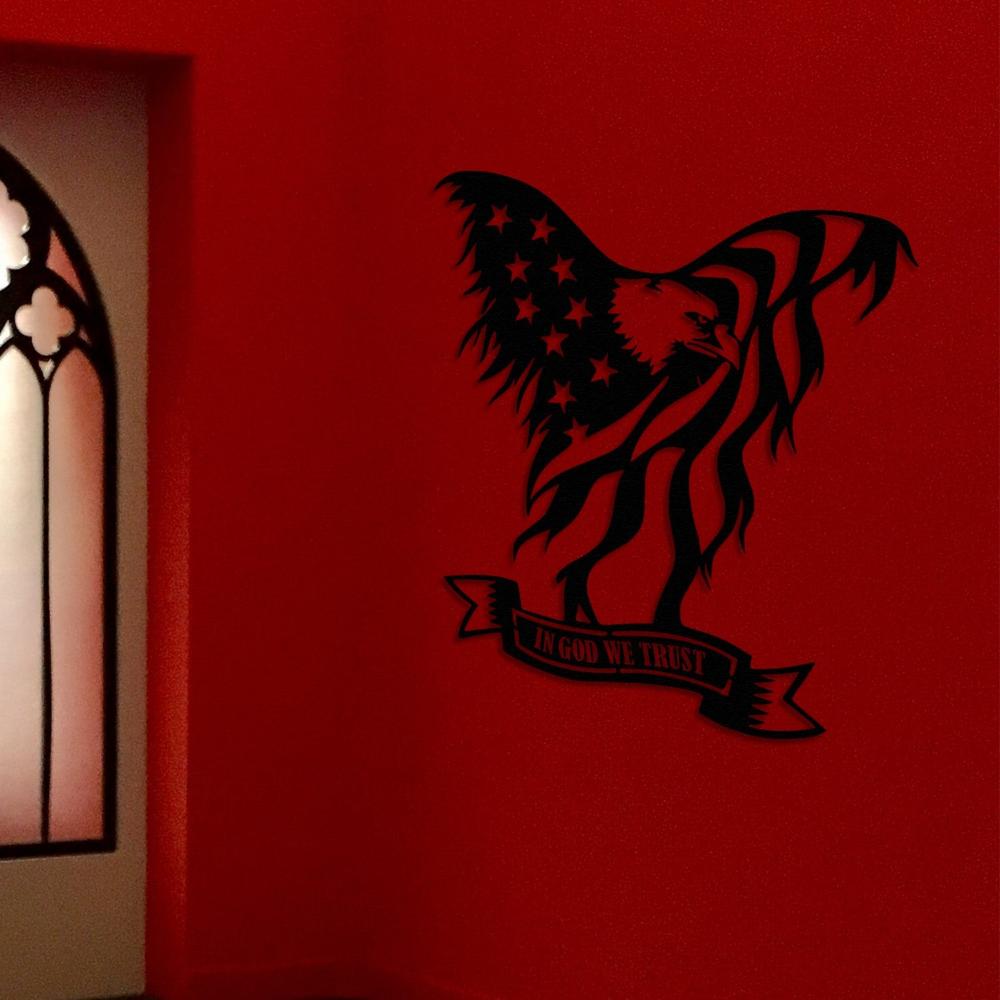 Bald Eagle Metal Wall Art  with Flag Holding In God We Trust from VITAHOME DESIGN LLC