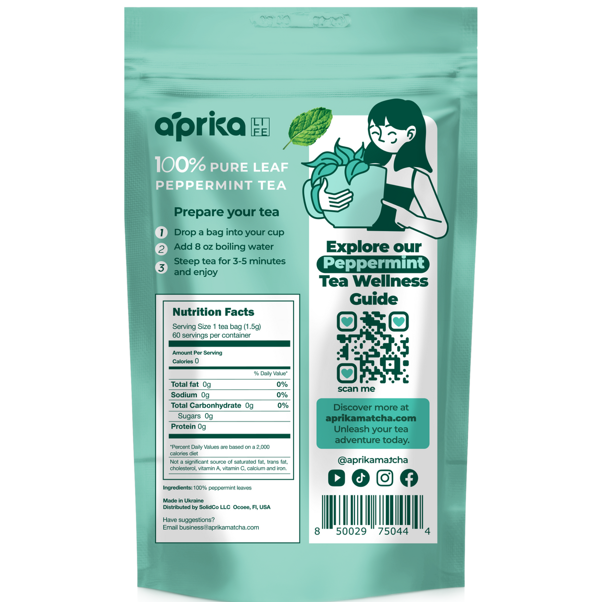 100% Pure Peppermint Herbal Tea, 60 Bags from Aprika Life