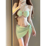 Mint Ribbed Halter Bikini Set – Ring Tie 3-Piece Swimsuit with Skirt from Kawaii Stop