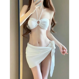 Mint Ribbed Halter Bikini Set – Ring Tie 3-Piece Swimsuit with Skirt from Kawaii Stop