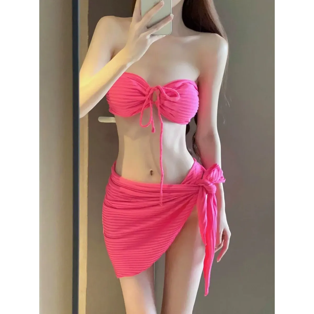Mint Ribbed Halter Bikini Set – Ring Tie 3-Piece Swimsuit with Skirt from Kawaii Stop