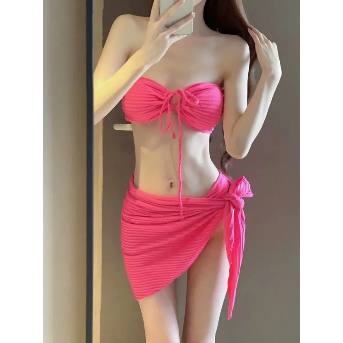Mint Ribbed Halter Bikini Set – Ring Tie 3-Piece Swimsuit with Skirt from Kawaii Stop