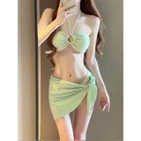 Mint Ribbed Halter Bikini Set – Ring Tie 3-Piece Swimsuit with Skirt from Kawaii Stop