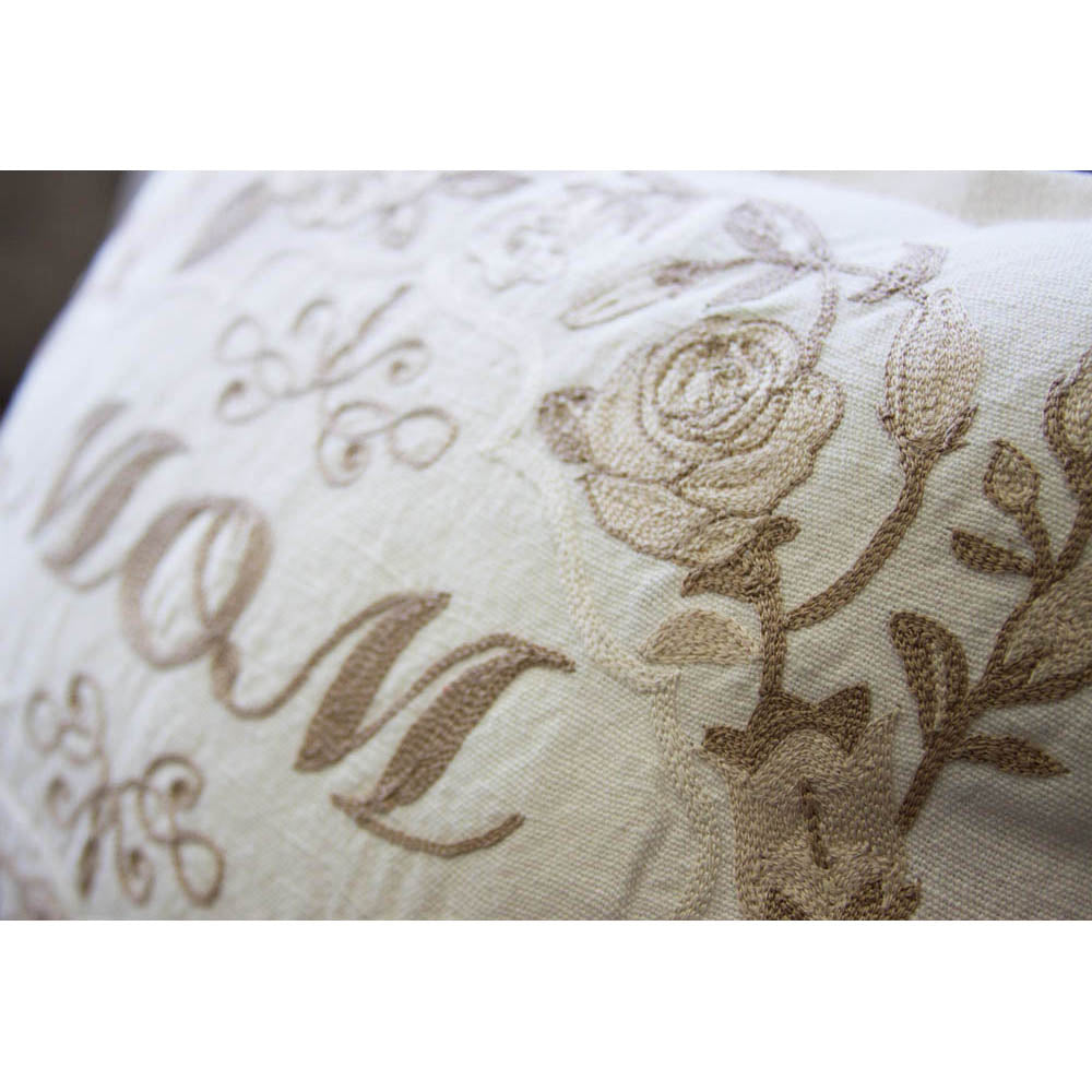 Mom Love Letters Hand-Embroidered Pillow - Available in Rose and Natural by CatStudio from Quirks!