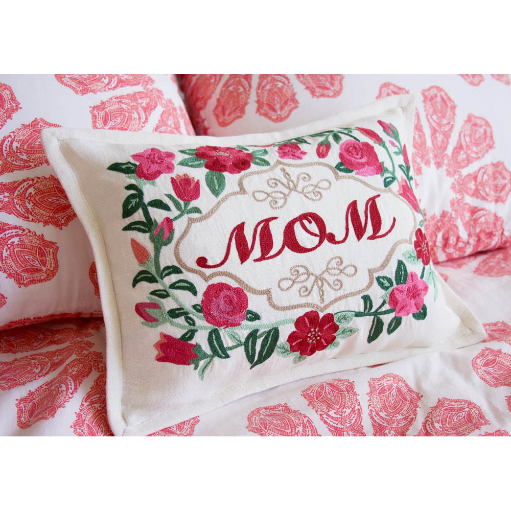 Mom Love Letters Hand-Embroidered Pillow - Available in Rose and Natural by CatStudio from Quirks!