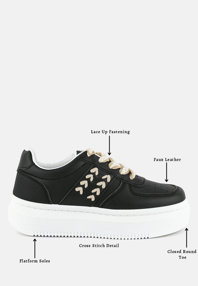 Monigue Faux Leather Cross Stitch Detail Sneakers from London Rag International