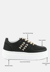 Monigue Faux Leather Cross Stitch Detail Sneakers from London Rag International