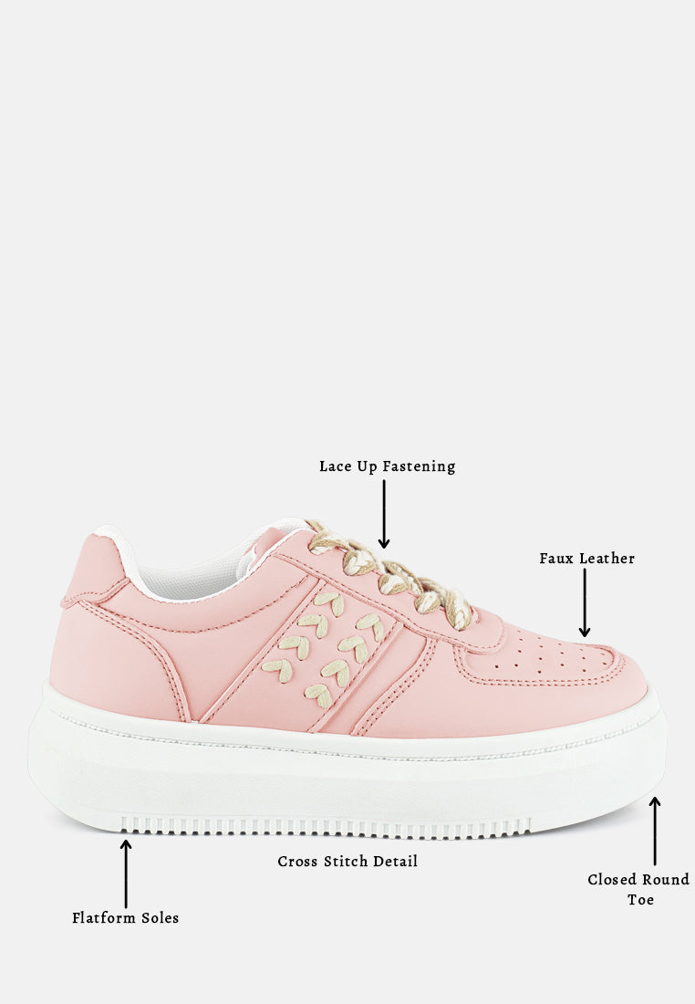 Monigue Faux Leather Cross Stitch Detail Sneakers from London Rag International