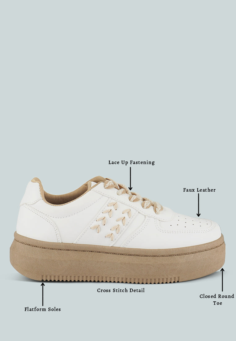 Monigue Faux Leather Cross Stitch Detail Sneakers from London Rag International
