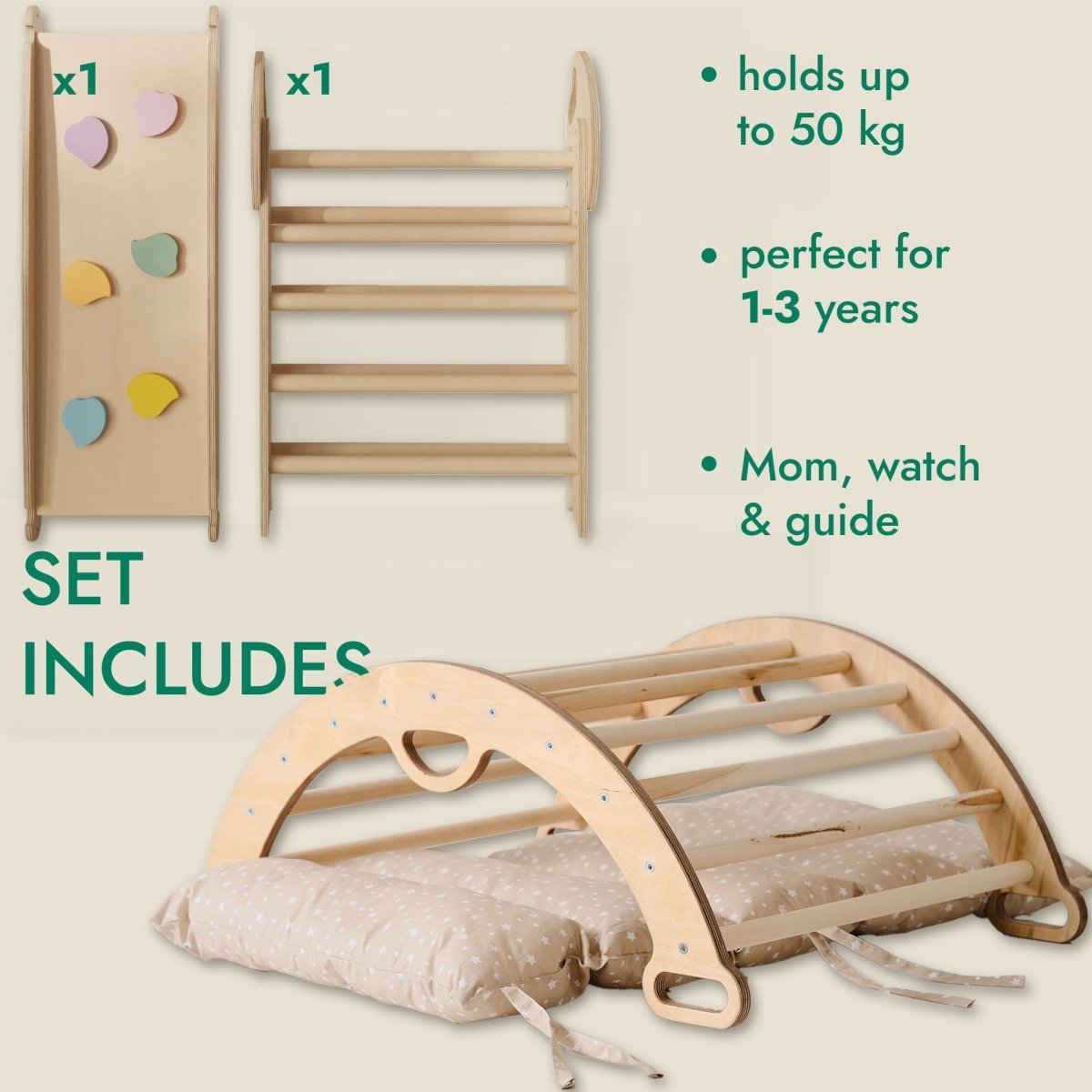 4in1 Montessori Climbing Set: Pikler Triangle, Arch, Slide Board, and Cushion for Toddlers (1–3 Years) from Goodevas