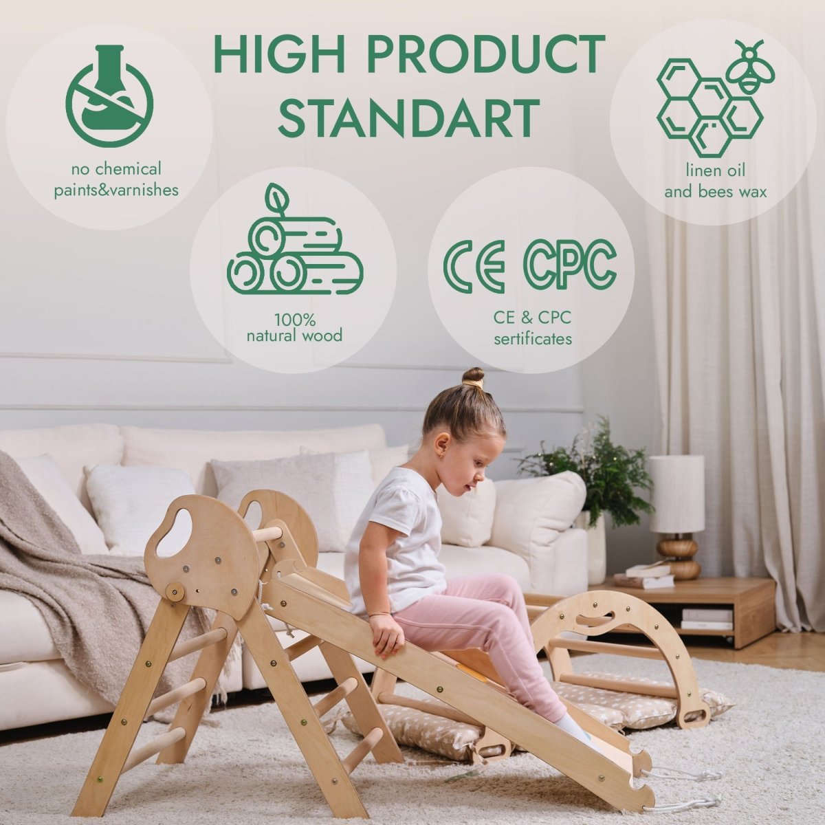 4in1 Montessori Climbing Set: Pikler Triangle, Arch, Slide Board, and Cushion for Toddlers (1–3 Years) from Goodevas