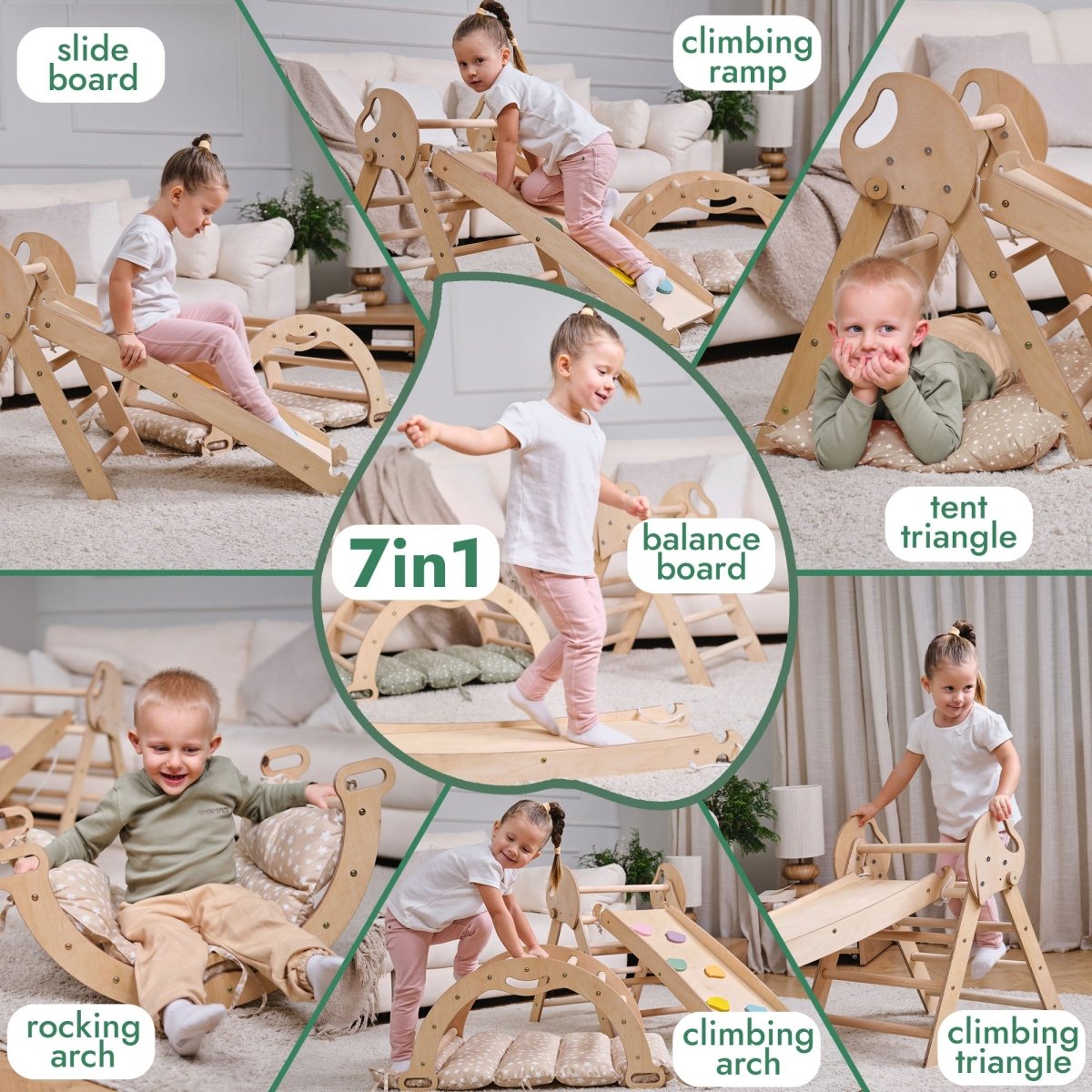 4in1 Montessori Climbing Set: Pikler Triangle, Arch, Slide Board, and Cushion for Toddlers (1–3 Years) from Goodevas