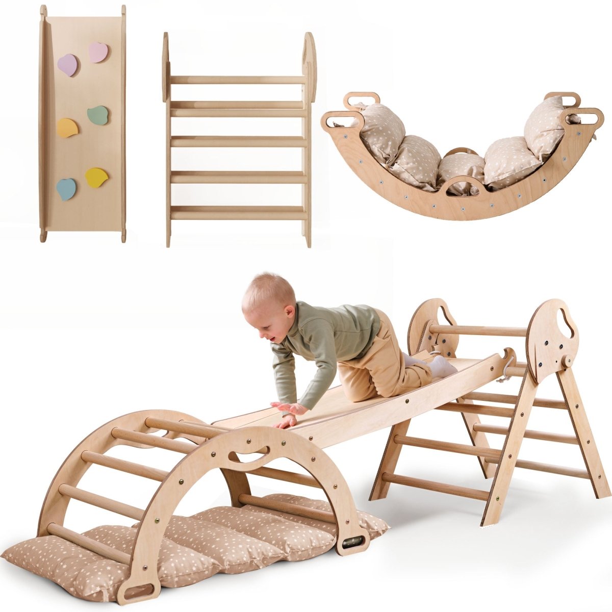 4in1 Montessori Climbing Set: Pikler Triangle, Arch, Slide Board, and Cushion for Toddlers (1–3 Years) from Goodevas