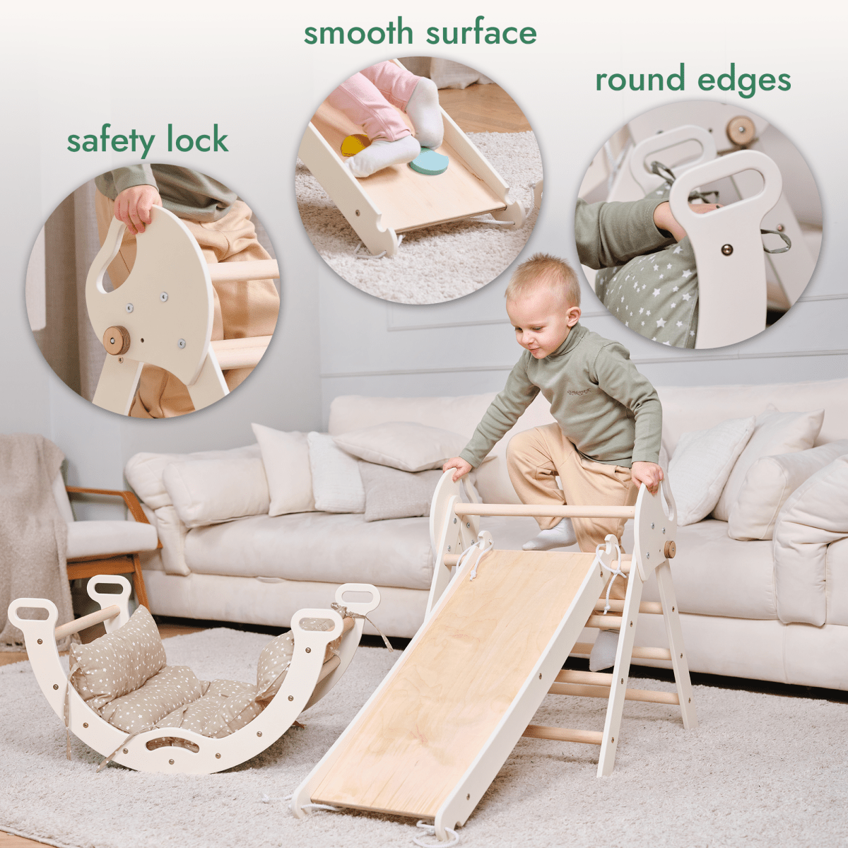 4in1 Montessori Climbing Set: Pikler Triangle, Arch, Slide Board, and Cushion for Toddlers (1–3 Years) from Goodevas