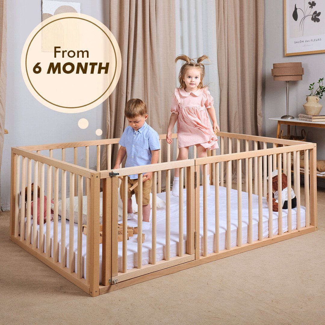 Full Montessori Floor Bed Frame for Toddlers with Fence from Goodevas