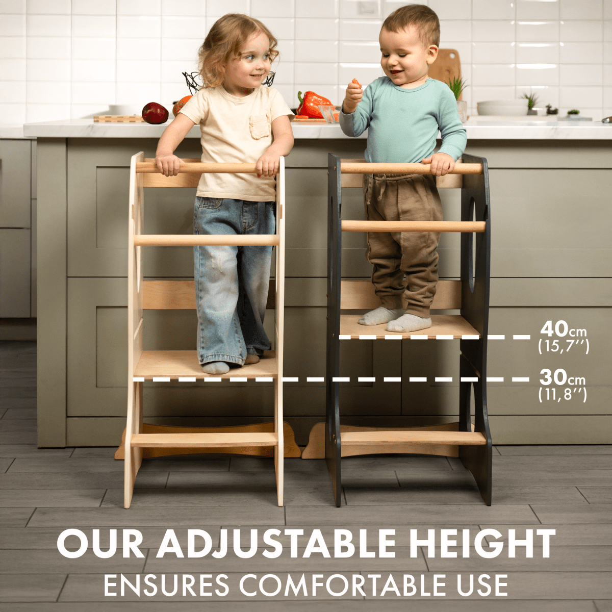 Stable Montessori Learning Tower: Wooden Growing Chair - Grey from Goodevas