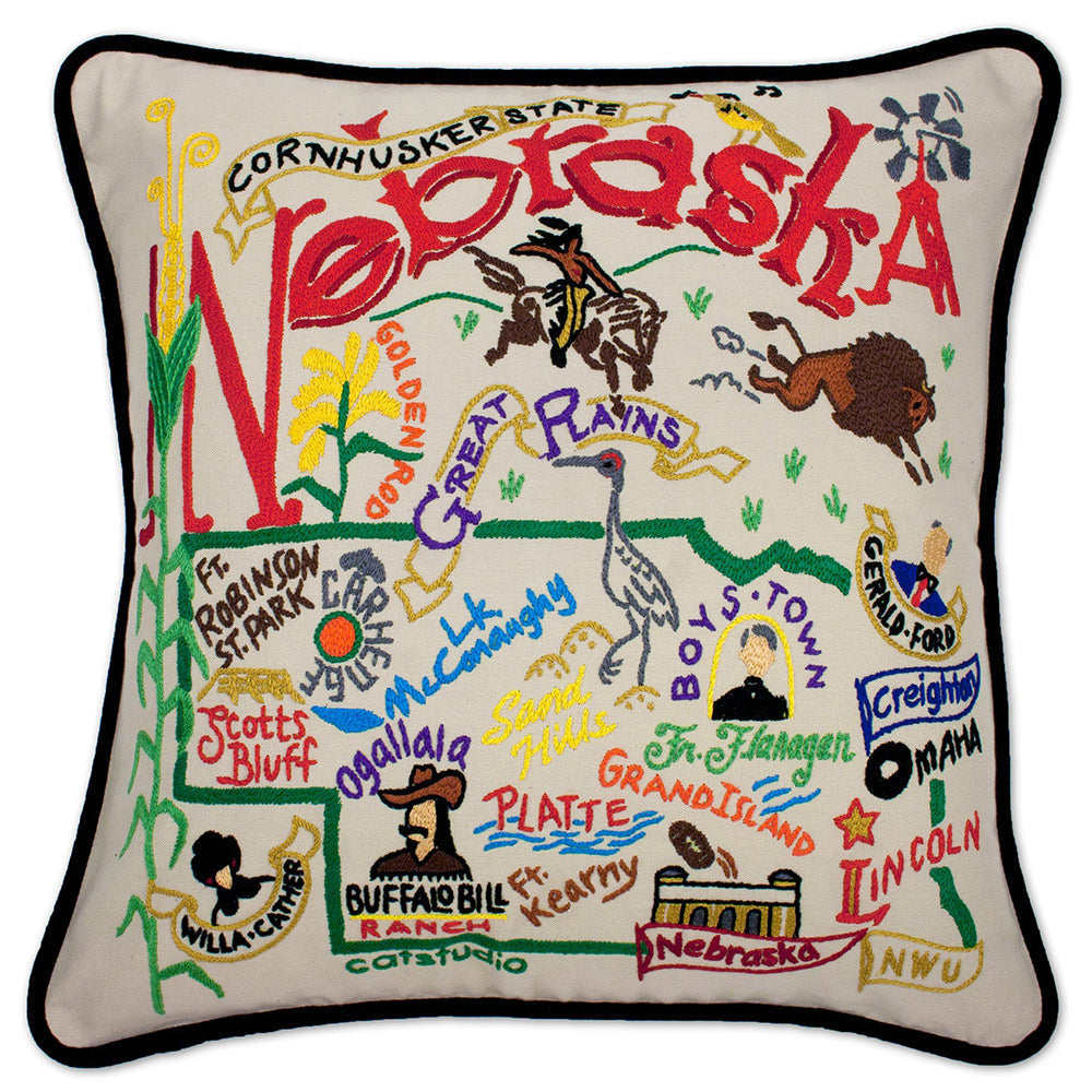 Nebraska Hand-Embroidered Pillow from Quirks!