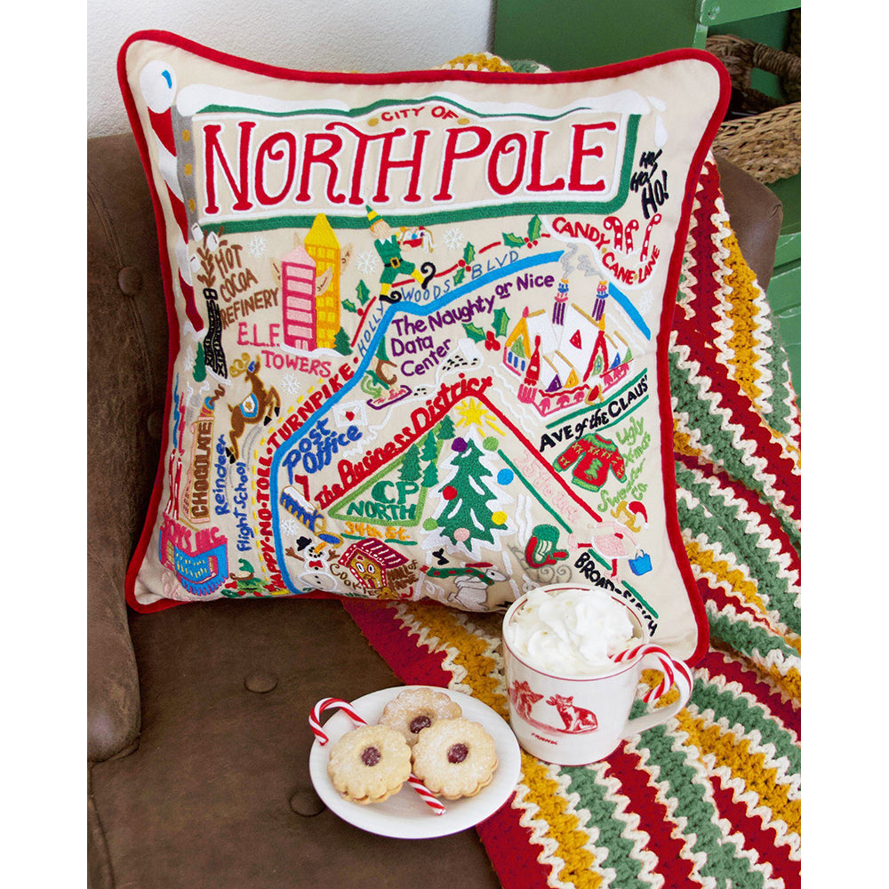 North Pole City Hand-Embroidered Pillow by Cat Studio from Quirks!