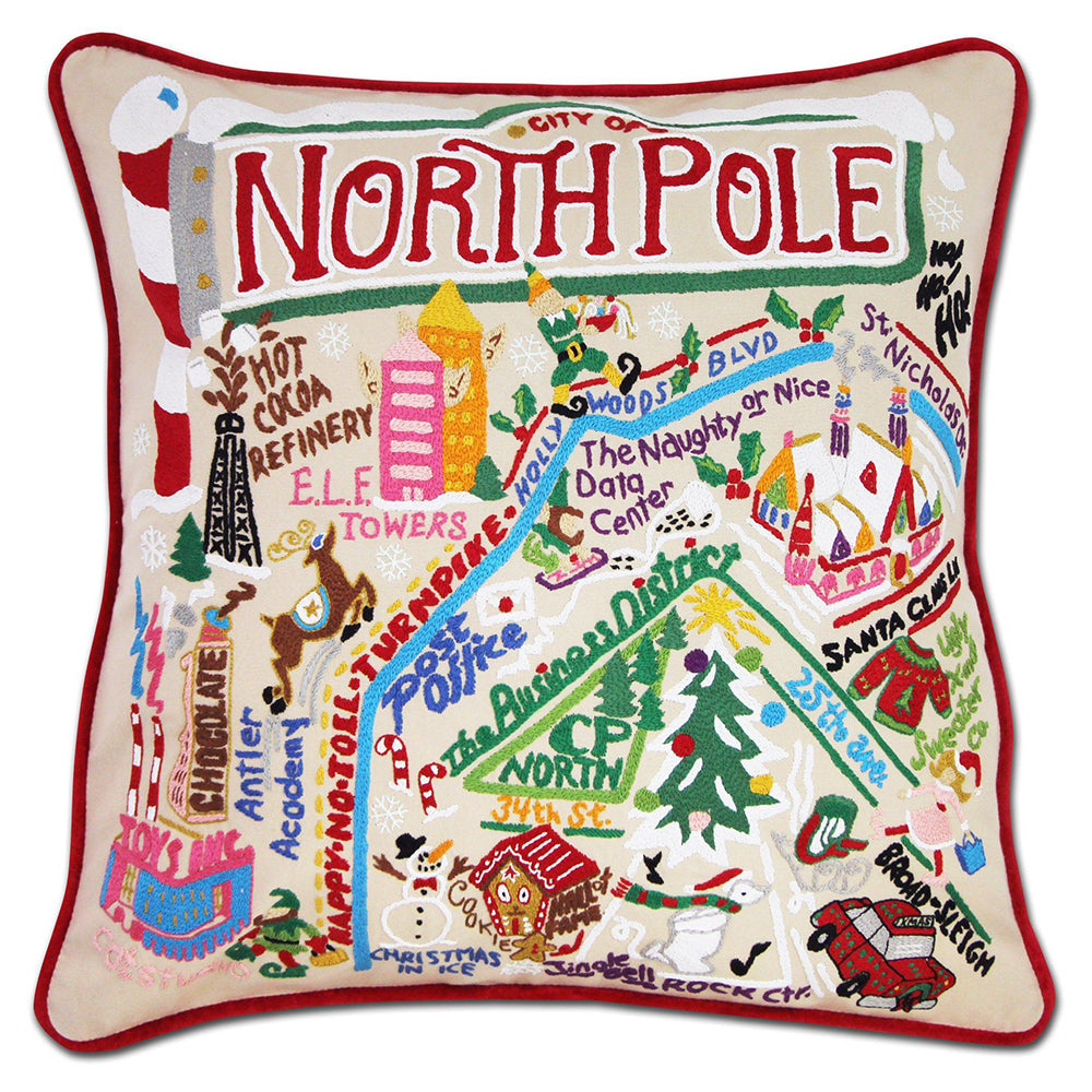 North Pole City Hand-Embroidered Pillow by Cat Studio from Quirks!