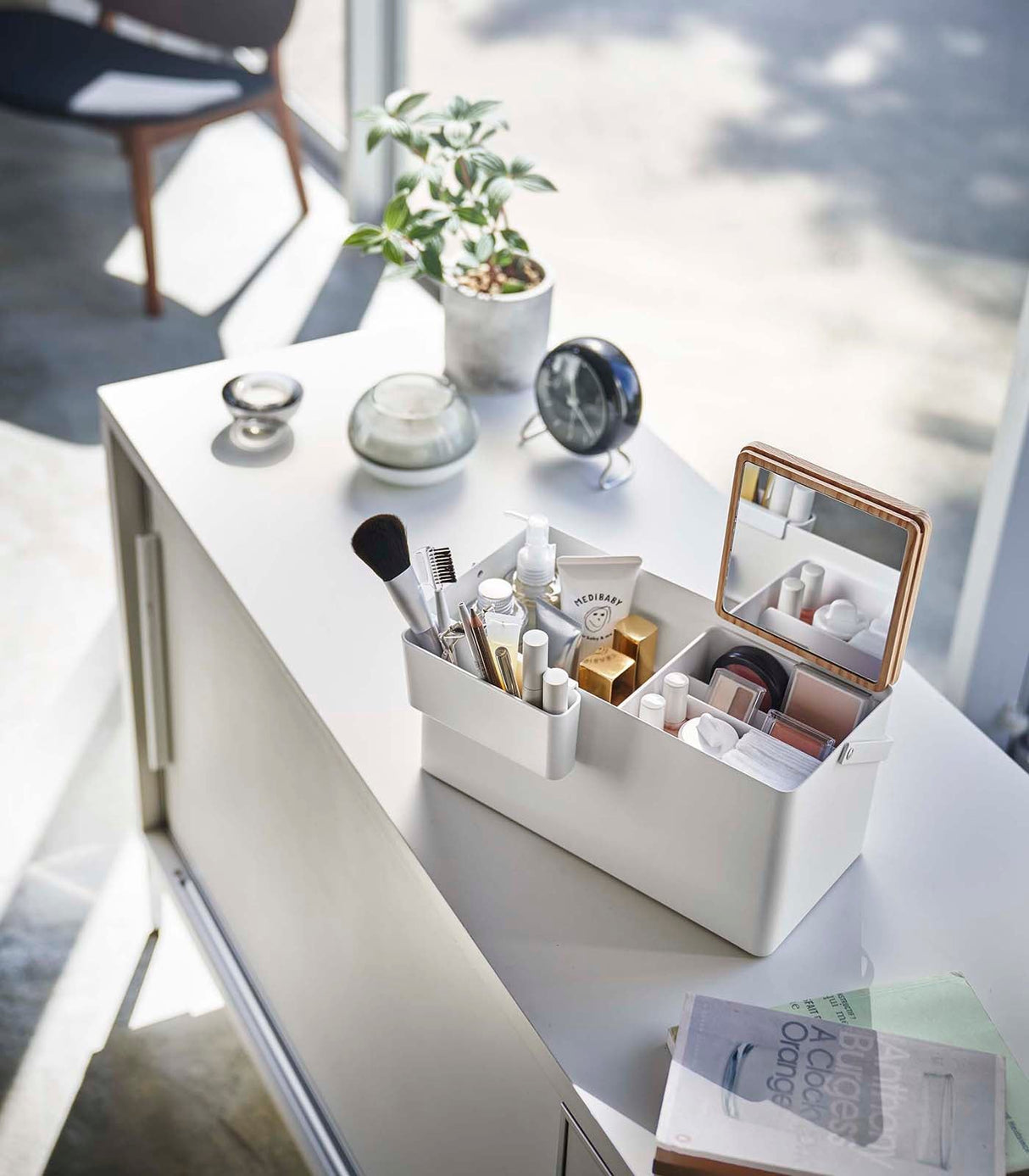 Makeup Organizer with Mirror - Steel + Wood from Yamazaki Home