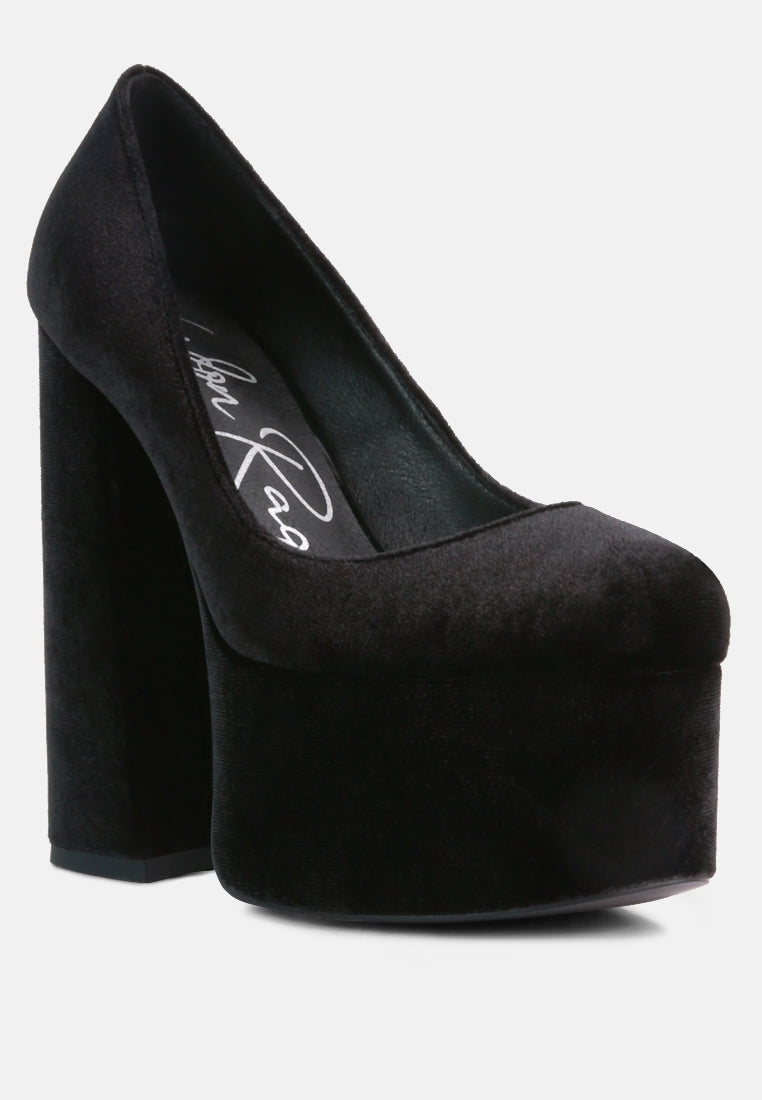 Old Novelty Platform Heel Velvet Pumps from London Rag International