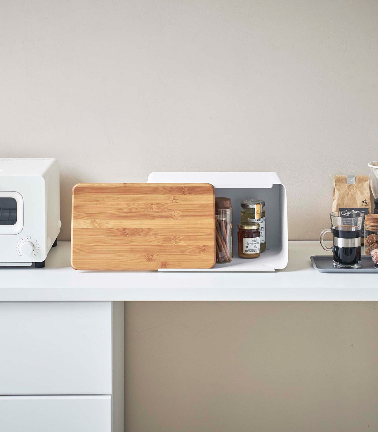 Bread Box with Cutting Board Lid - Steel + Wood from Yamazaki Home