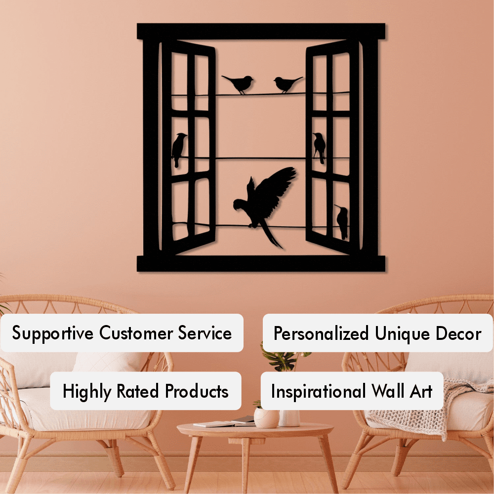 Open Window Design with Birds Silhouette Metal Wall Art from VITAHOME DESIGN LLC